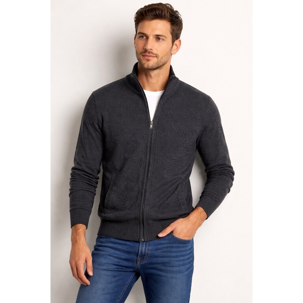Calvin Klein Men's M Merino Wool Full Zip Sweater Jacket Mock Neck Gray Classic